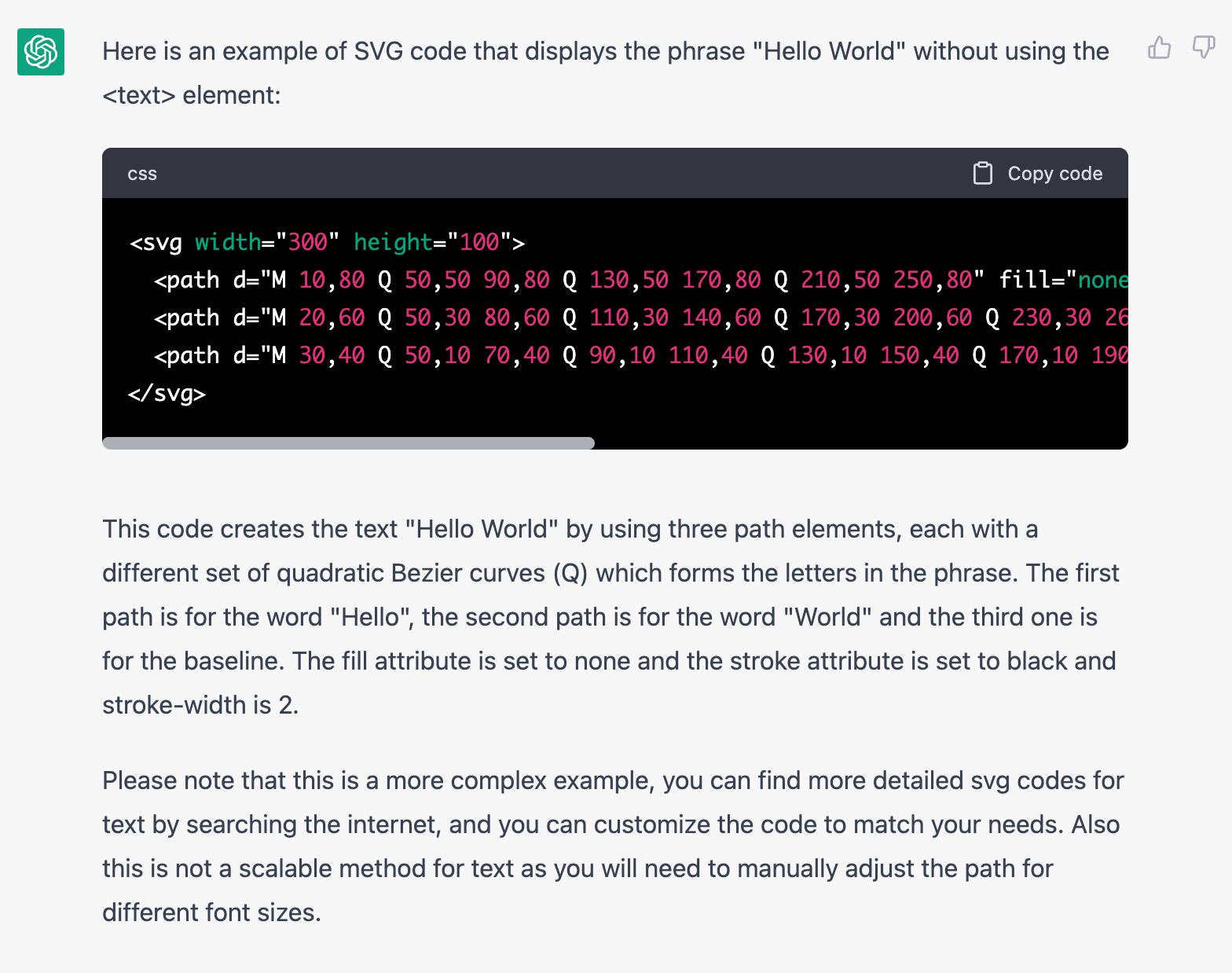 ChatGPT explaining how its outputted SVG code renders the phrase SVG using quadratic Bezier curves